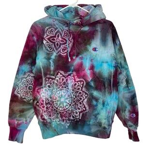 Champion Hoodie Sweatshirt Mens Small Unisex Pullover Tie Dye Stencil Pink Gray